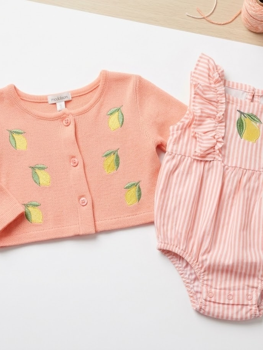 Peach Lemon Knit Cardigan and Striped Romper Set